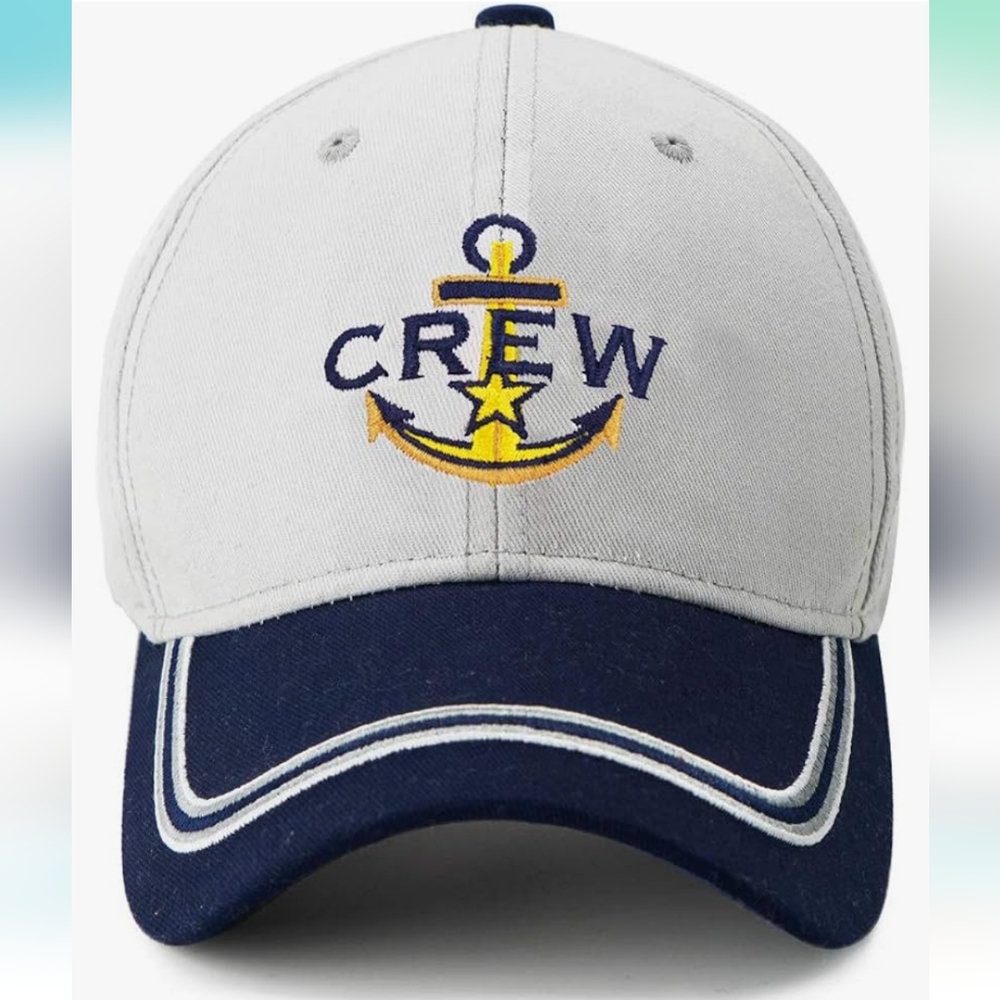 Crew 100% Cotton Nautical Marine Sailor Boating Embroidered Gray/Navy Cap Hat